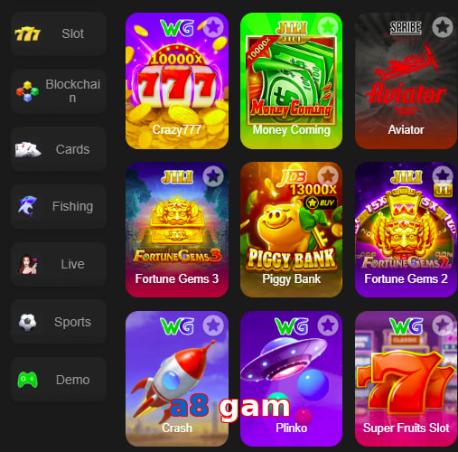 Main screen of A8 Gam game page for PK players